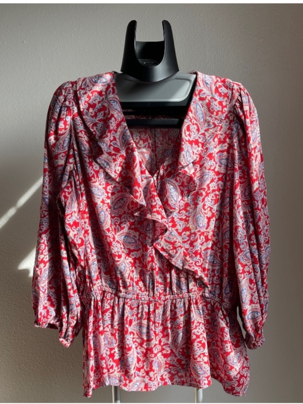 Chaps Boho Paisley Ruffle Neck Peasant Blouse Red Blue Gauze Top - Picture 4 of 9